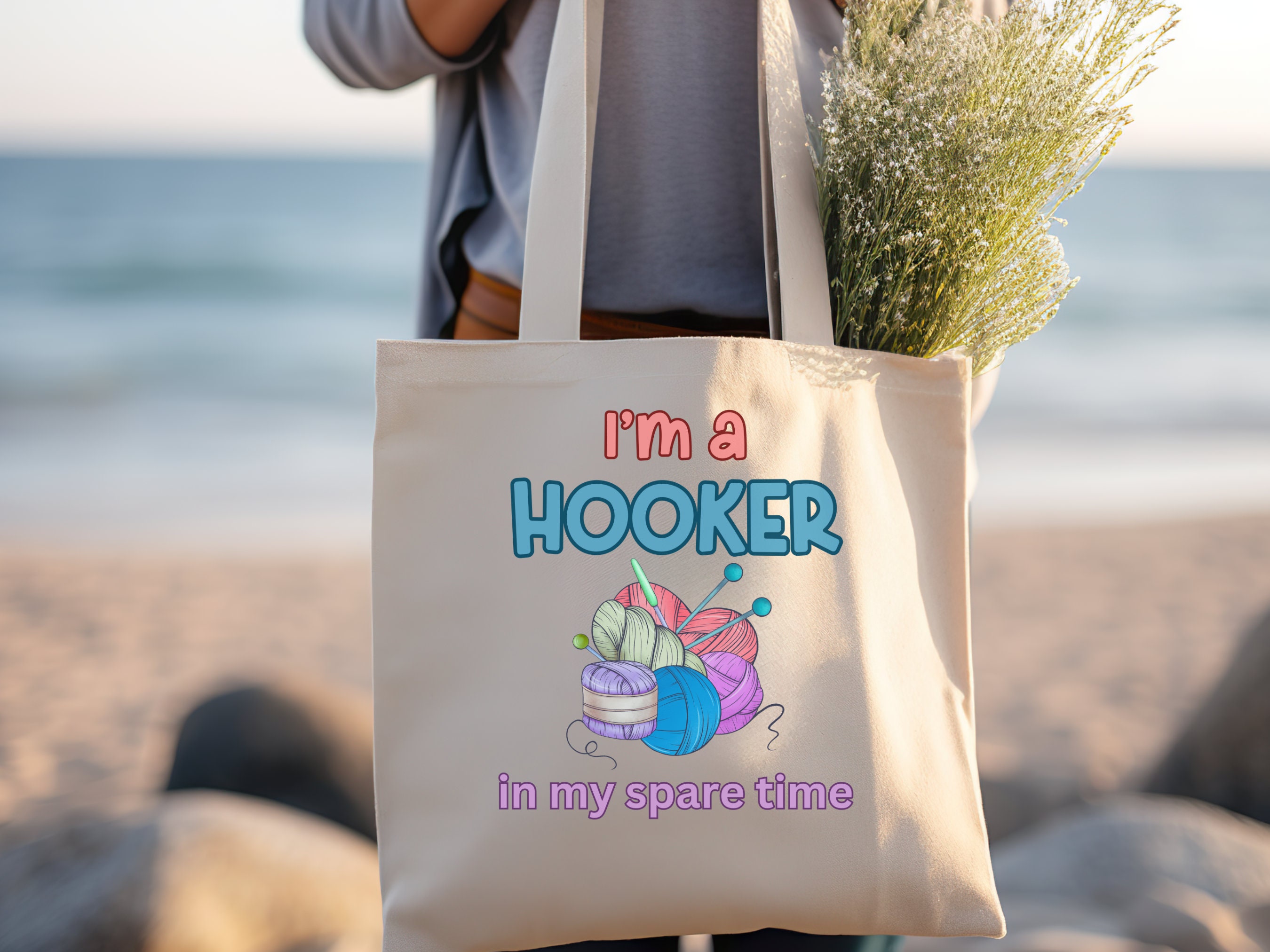 "I'm An Amazing Hooker" Funny Crochet Tote Bag - 14x14x3 Inch Cotton Canvas Reusable Shopping Bag