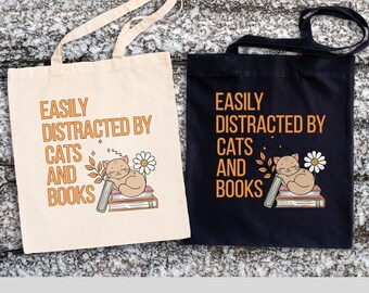 Easily Distracted by Cats and Books Tote Cat lover bag library everyday shopping tote