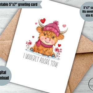 cute digital valentines day card I udderly adore you cow greeting card minimalist printable valentine card highland cow punny card valentine