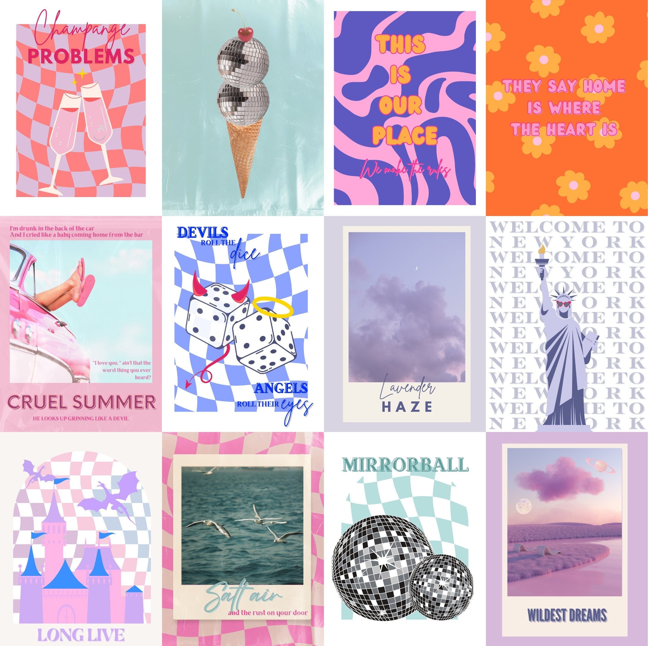 Set of 13, Taylor Swift Inspired Wall Art Poster Print | Swiftie Dorm Poster | Eras Tour | Teen Bedroom | Checkered Retro | Digital Download