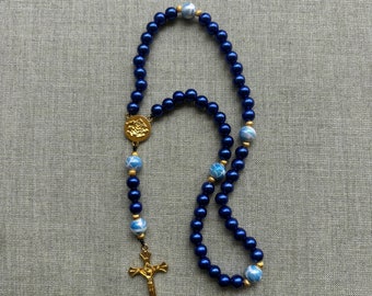 Catholic Rosary Blue Beads with Gold