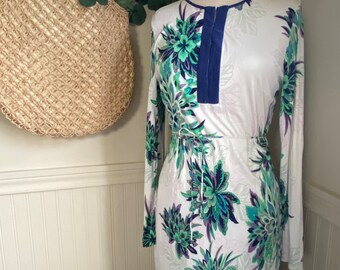 Vintage Floral Long Sleeve Slip Dress / 70s slip dress / Romantic Dress