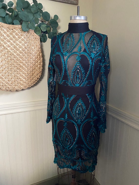 Beautiful Black Sequined Cocktail Dress / Teal Emb