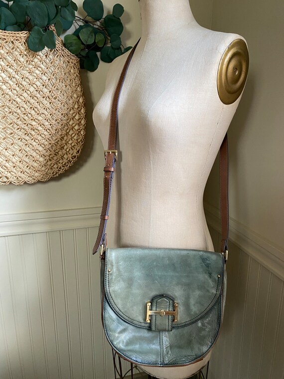 Vintage Aqua Seafoam Leather Crossbody Bag / Vinta