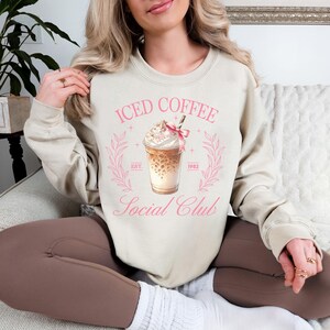 sweatshirt iced coffee, personalized sweatshirt, Coquette Aesthetic Pink Bow Sweater, Iced Coffee Addict, Iced Coffee Social Club Sweater,