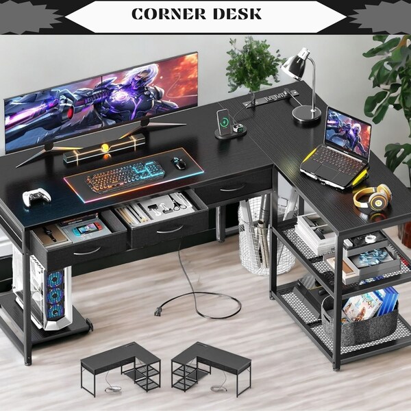 L Shaped Computer Writing Desk with Drawers, Industrial Corner Desk Organizer, Movable Computer Stand with Power Outlets