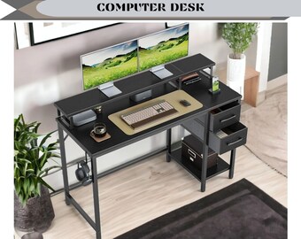 Computer Desk, Writing Desk with Drawers, Solid Wood Industrial Corner Desk Organizer and Shelves