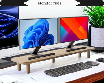 Large Wood Monitor Stand Riser - Laptop, TV, Computer Desk Shelf Organizer for Dual Monitors, Display Stand with Sit-Stand Desk Option