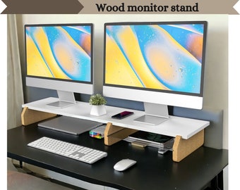 Wood Monitor Stand Riser, Laptop Stand, TV Stand, Dual Monitor Riser Desk Organizer with Sit-Stand Capability