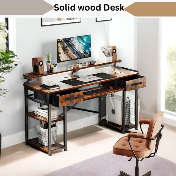 Rustic Reclaimed Wood Computer Desk, Writing Desk with Drawers, Solid Wooden Industrial Corner Desk Organizer, Desk with Shelves