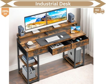 Solid Wood Computer Desk, Industrial Corner Desk, Reclaimed Rustic Desk with Drawers and Shelves, Stylish Home Furniture, Computer Stand