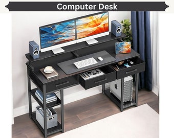 Solid Wood Computer Desk, Industrial Corner Desk, Reclaimed Rustic Desk with Drawers and Shelves, Stylish Home  Furniture, Computer Stand