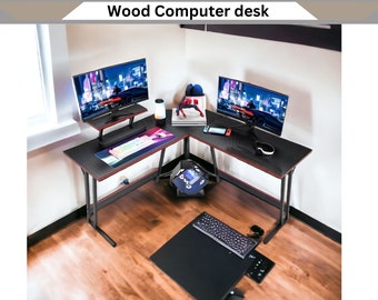 Solid  Computer Desk, Rustic Industrial Writing Desk, Corner Desk with Shelves, Metal Desk Organizer for Home Office