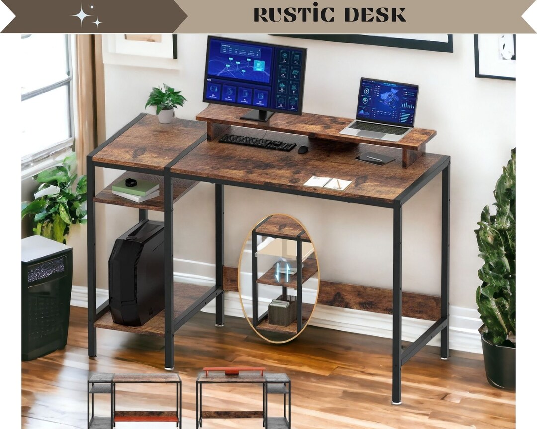 Solid Wood Computer Desk With Drawers and Shelves, Industrial Rustic ...