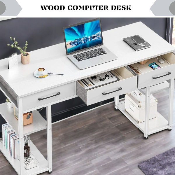 Computer Writing Desk Solid Wood Industrial Corner, Reclaimed Rustic Wooden Desk with Drawers Shelves Organizer