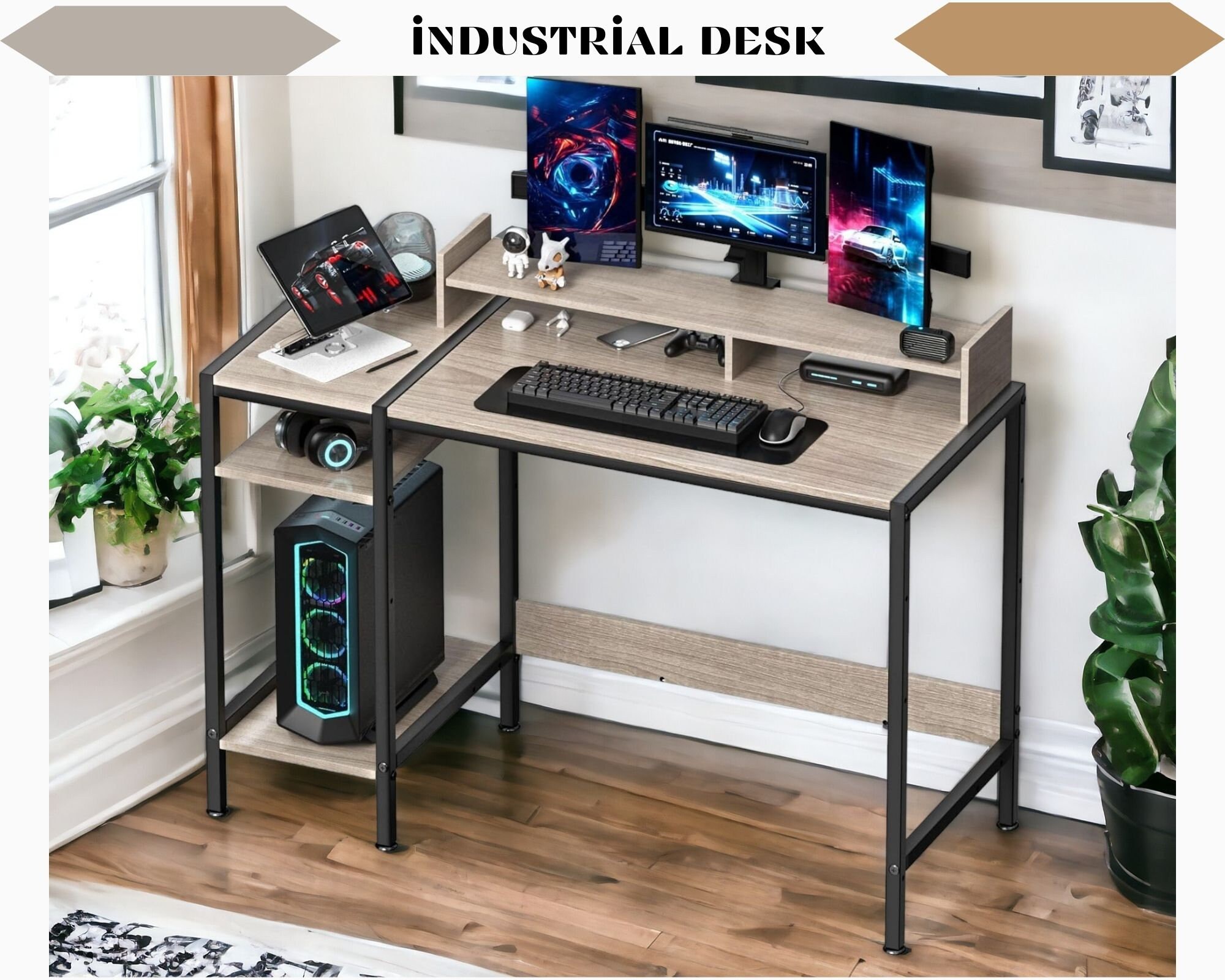 Solid Wood Computer Desk With Drawers and Shelves, Industrial Rustic ...