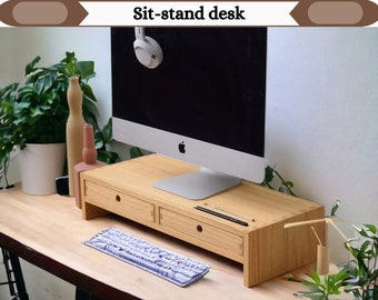 Wood Monitor Stand with Storage, Computer and Laptop Riser with Desk Shelf Organizer