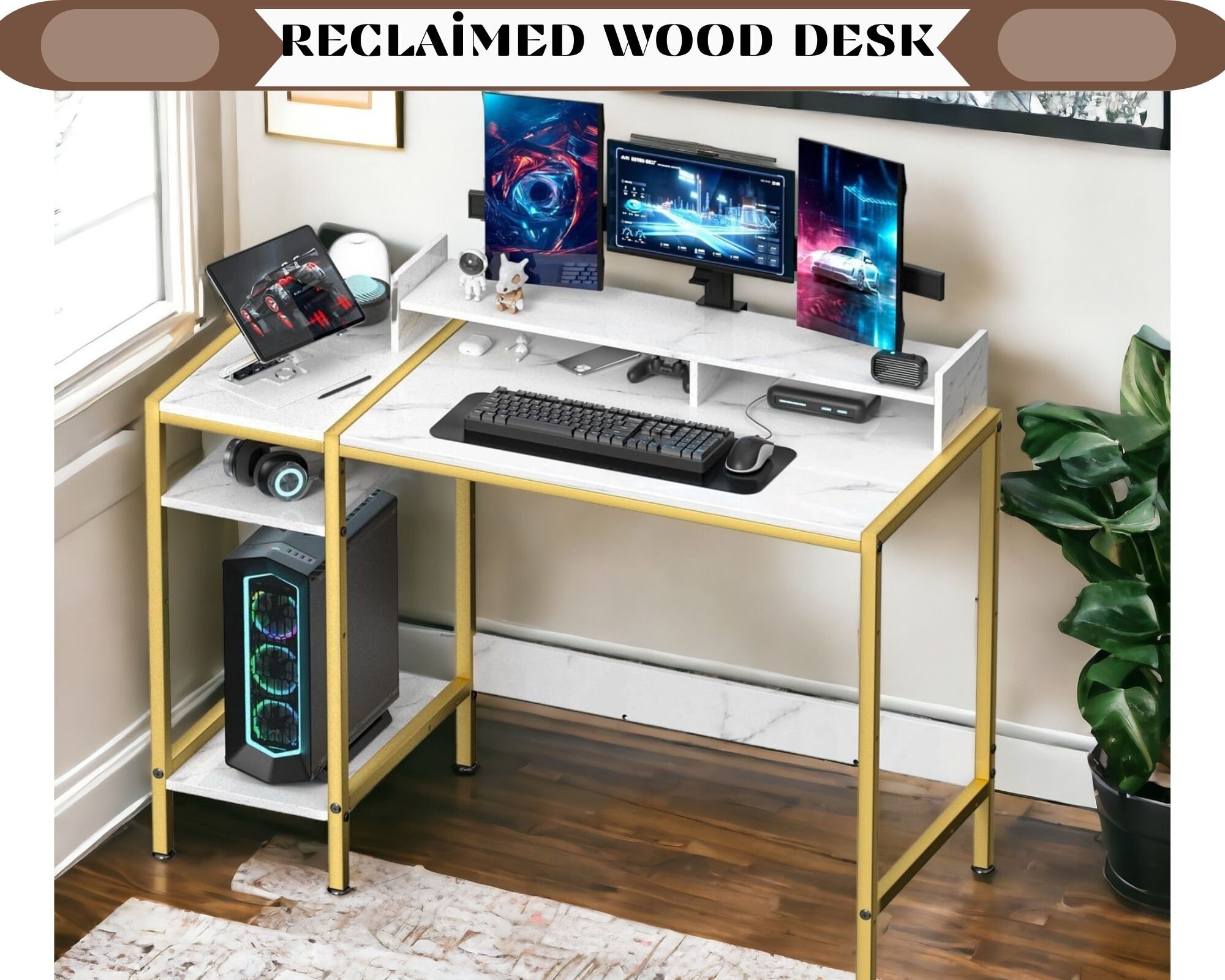 Solid Wood Computer Desk With Drawers and Shelves, Industrial Rustic ...