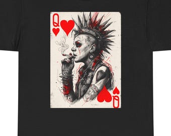 Queen of Hearts Illustration Tee | Playing Card Skull Crown, Punk Rock Style
