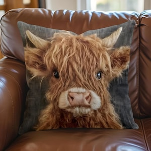 Scottish Highland Cattle pillow cases. Faux Embroidered-Look  2-D Print Hairy coo or fluffy cow.