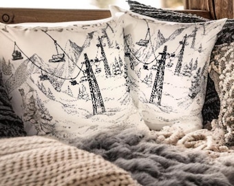 Funda de cojín minimalista con diseño de pista de esquí y telesilla en blanco y negro / Decoración moderna de montaña