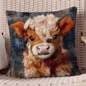Baby Scottish Highland Cattle pillow cases.  Hairy coo or fluffy cow Farmhouse Art Throw Pillow Cozy Country Cottage Decor Animal Lover Gift