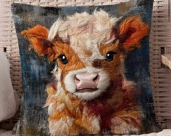 Baby Scottish Highland Cattle pillow cases.  Hairy coo or fluffy cow Farmhouse Art Throw Pillow Cozy Country Cottage Decor Animal Lover Gift