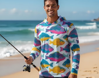 Vibrant Fish Hooded Sun Protection Shirt  UPF 50+ Long Sleeve Rash Guard