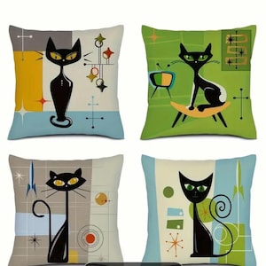 Atomic Cat Retro, Mid-Century Modern Linen Pillow Cases