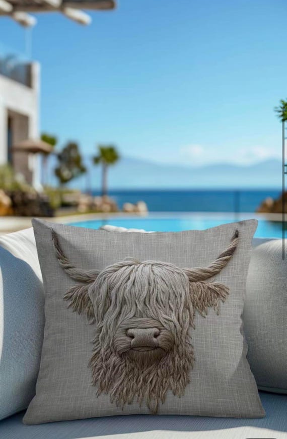 Hairy Coo Scottish Highland Cow Farmhouse Pillow Cover. Embroidered look, 2-D Print