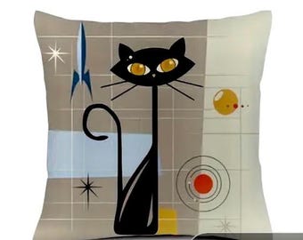 Atomic Cat Retro, Mid-Century Modern Linen Pillow Cases