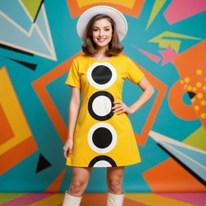 Vestido amarillo estilo mod de los años 60 / Estampado geométrico de círculos Op Art / Minivestido retro / Moda psicodélica de los años 60