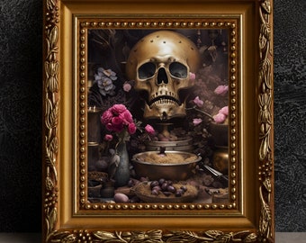 Witches altar, golden skull, dry flowers, A4 witchy print, Hexcellent Canvas digital art, Dark Academia Decor, DIGITAL DOWNLOAD