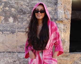 Gift for Women, Organic Cotton Batik Robe: Hooded Kimono Loungewear, Valentine's Day gift for woman, Boho festival robe