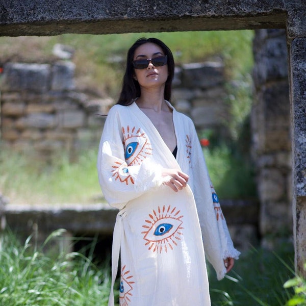 Handmade Evil Eye Muslin Kimono, Ethnic Kaftan, Dressing Gown, Organic Cotton Bathrobe, Yoga Robe, Muslin Boho Cardigan, Beachwear Cover Up