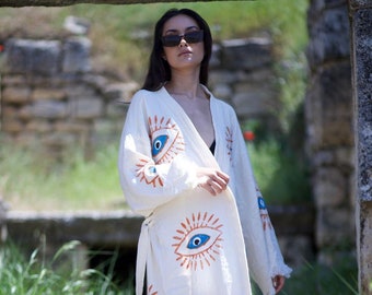 Handmade Evil Eye Muslin Kimono, Ethnic Kaftan, Dressing Gown, Organic Cotton Bathrobe, Yoga Robe, Muslin Boho Cardigan, Beachwear Cover Up