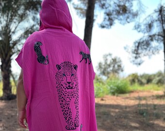 Handmade Organic Cotton Pink Leopard Hooded Poncho, Boho Festival Kimono, Beach Cover Up, Pink Cozy Robe, Unisex Gift, Boho festival robe