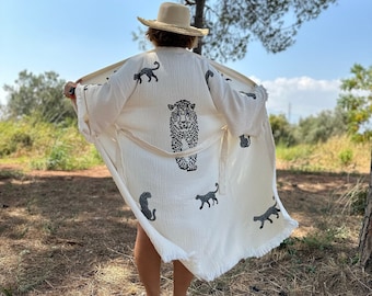 Organic Cotton Gift Leopard Print Unique Kimono, Handmade Organic Cotton Boho Leopard Festival Robe, Beachwear Kimono, Woman Dressing Gown
