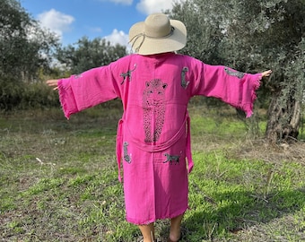 Boho Leopard Print Kimono Robe: Organic Cotton Festival Gown, Mother's Day Gift