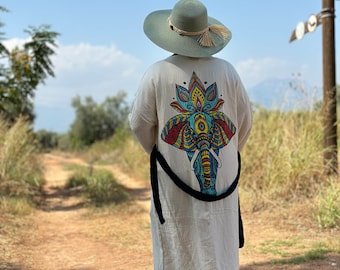 Valentine’s Day Gift for Woman, Handmade Organic Muslin Kimono: Elephant Print Cotton Robe, Boho festival robe
