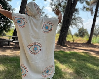 Hooded Organic Cotton Evil Eye Pancho, Handmade Mystic Evil Eye Hooded Pancho, Muslin Festival Kimono, Gift for Women Bathrobe, Turkish Robe