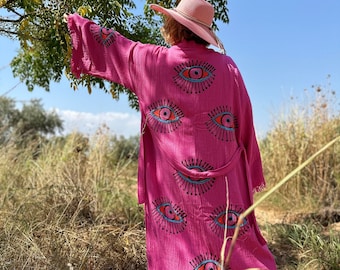 Organic Cotton Boho Robe, Pink Kimono Summer Wrap, Loungewear Evil Eye Robe, Resort Wear,Gift For her, Cozy Lounge Robe,Home Wear, Gift Idea