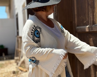 Muslin Fringes Robe, Organic Cotton Robe, Cozy Caftan, Handmade Festival Boho Kimono, Organic Cotton Evil Eye Kimono, Morning Robe