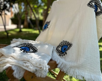 Handmade Evil Eye Turkish Beach Towel: Organic Cotton Peshtemal