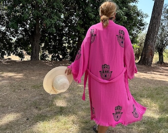 Organic Cotton Pink Kimono Robe: Hamsa Evil Eye Boho Loungewear, Mother's Day Gift, Mother’s Day kimono gift, Beachwear Cover up