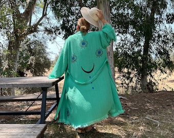 Handmade Organic Cotton Green Evil Eye Kimono Robe, Valentine's Day gift for woman