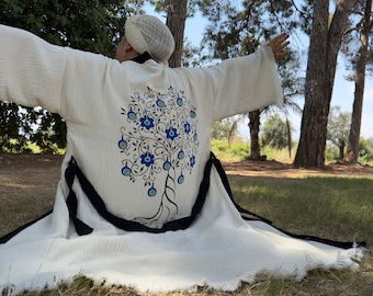 Mother's Day Gift, Gift for Woman, Organic Cotton Evil Eye Kimono Robe: Handmade Beach Cover-Up