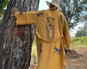 Valentine’s Day Gift for Woman, Handmade Organic Cotton Leopard Kimono Robe - Mustard Boho Style