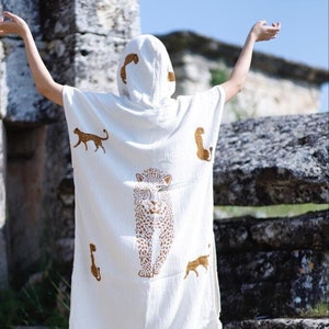 Muslin Fringes Robe, Organic Muslin Leopard Hooded Beach Poncho, Handmade Boho Beach Kimono Unique Hooded Muslin Organic Cotton Bathrobe
