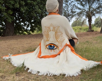 Gift for Women, Organic Cotton Evil Eye Kimono: Handmade Muslin Beach Robe, Festival Git Kimono, Mother's Day Gift
